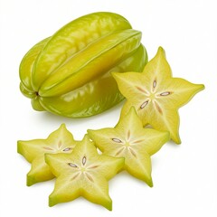 Fototapeta premium Fresh Star Fruit Slices and Whole Fruit Against White Background
