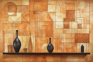 Abstract art wall with vases