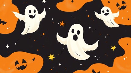 Fototapeta premium Spooky season features cute cartoon ghosts pumpkins and stars