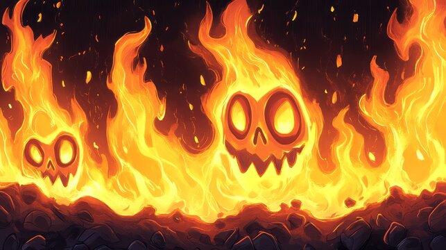 Cartoonish skulls are burning in intense bright orange flames
