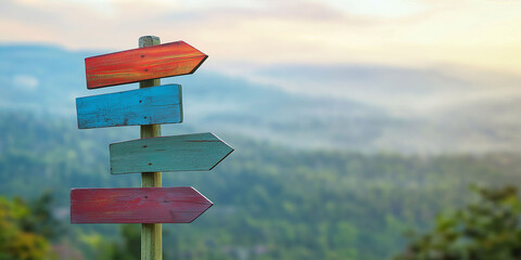 A set of colorful wooden signs pointing in different directions, with the blurred background of nature and mountains