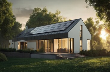 Modern Sustainable Home Design: Eco-Friendly House with Solar Panels and Green Landscaping in a Serene Setting at Sunset