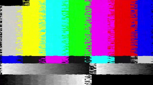 Old television color bars with static texture glitch and chromatic aberration effects