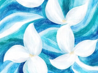 Floral Serenity White blossoms dance over watercolor blue waves