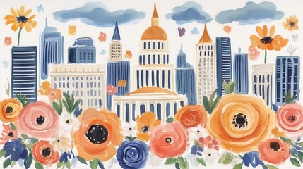 Obraz premium Floral Skyline A watercolor painting of a city with flowers in the foreground