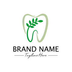 Modern dental logo design with simple tooth and green leaf accents for dentistry branding