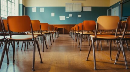 Empty classroom with vintage tone wooden chairs for back-to-school concept