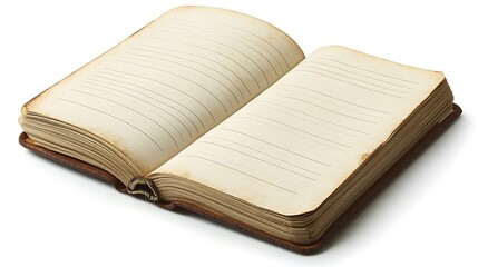 An open notebook with lined paper pages, isolated on a white background. 