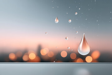 Raindrop glistening softly, reflecting blurred lights in serene manner