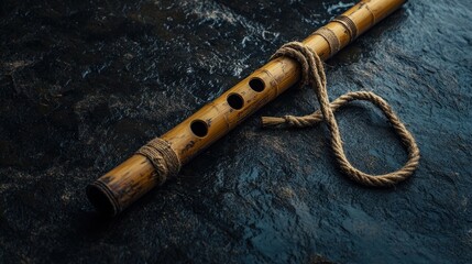 Naklejka premium Ancient Bamboo Flute on Dark Stone