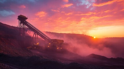 Mining Operation at Sunset with Conveyor and Dramatic Sky