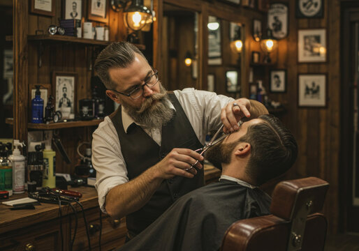 Man getting a haircut by a barber in a traditional barbershop.