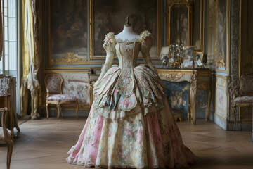 Naklejka premium photo of rococo era dress with floral brocade and pastel colors