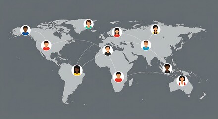World map with diverse avatars connected by lines representing global network connectivity across nations