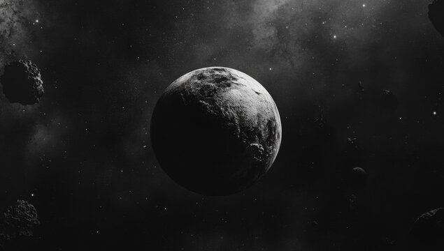 Grayscale planet in deep space, surrounded by asteroids and nebulae
