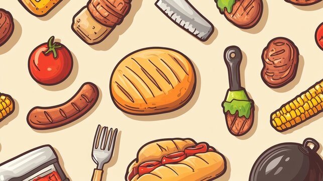Cartoon illustration showcases a vibrant barbecue themed seamless pattern