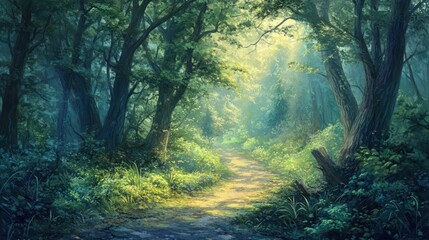 Obraz premium Enchanting Forest Path: Sunlit Serenity Through the Verdant Woods