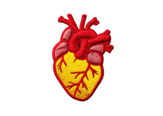 Embroidered anatomical heart patch on transparent background. Concept of health, medicine, and anatomy.