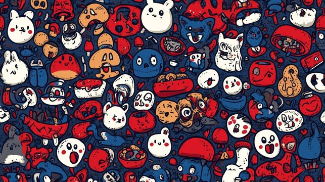 An array of whimsical characters and objects form a pattern