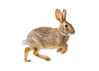 Fototapeta premium Running cottontail rabbit isolated on transparent background. Wildlife animal concept.