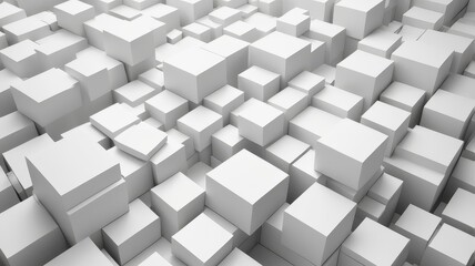 Heap of different scaled white boxes geometrical background wallpaper banner pattern flat lay from above, fading out with copy space