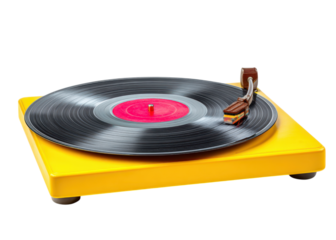 Yellow record player with vinyl record on transparent background. Concept of music, vintage, and entertainment.