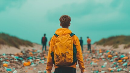 Fototapeta premium Youth facing environmental pollution, Young person with backpack amidst plastic waste.
