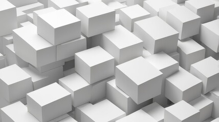 Fototapeta premium Heap of different scaled white boxes geometrical background wallpaper banner pattern flat lay from above, fading out with copy space