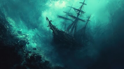 Sunken Majesty: An Ethereal Depiction of a Ghostly Shipwreck in Deep Waters