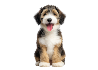 Adorable Bernedoodle puppy sitting and panting with its tongue out on a transparent background.