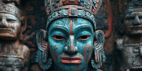 Fototapeta premium Ancient Mayan Deity Mask, Intricate Carving, Mystical Blue Hue, Rich History, Cultural Heritage.