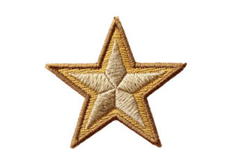 Embroidered star patch on transparent background. Concept of achievement, quality, and decoration.
