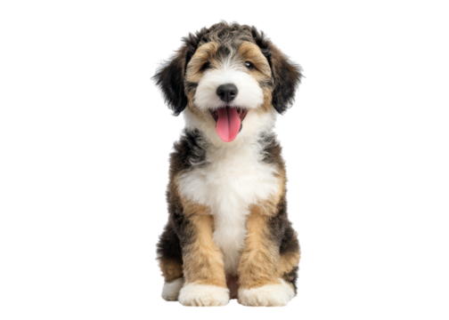 Adorable Bernedoodle puppy sitting and panting with its tongue out on a transparent background.