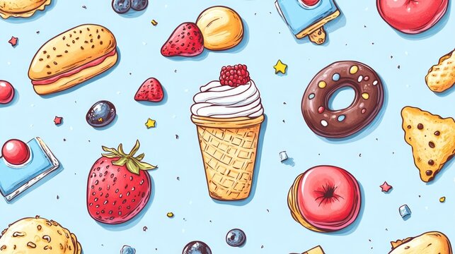 Cartoon sweets and snacks float on a light blue background