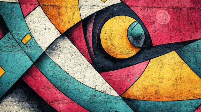 Colorful geometric shapes create an abstract design on textured surface