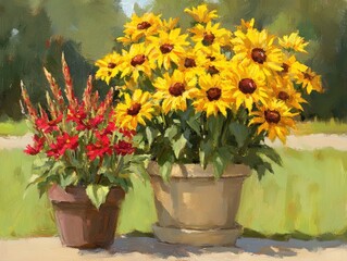 Fototapeta premium Golden sunflowers red celosia potted on sunlit stone bathed in summers warmth