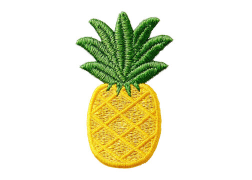 Embroidered pineapple patch on transparent background. Decorative element for clothing, bags, or accessories. Summer, tropical, and fun design.