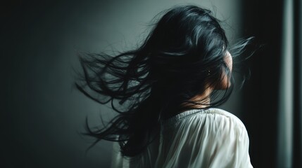 Obraz premium Beautiful model girl with Brown hair strand,silky healthy chestnut wavy hair strand,hair wavy ribbon, with smooth,Keratin straightening,Treatment,straight long hair,procedures,Smooth hairstyle.