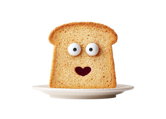 Funny toast with googly eyes and heart shaped mouth on a plate against transparent background. Concept of breakfast, food, and humor.