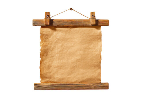 Old paper scroll hanging on wooden frame, isolated on transparent background. Perfect for medieval, pirate, or fantasy themes.