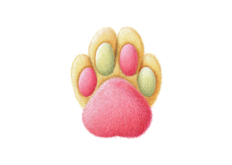 Cute fluffy animal paw with pink and yellow pads on a transparent background. Concept for pet care, animal lovers, and design elements.