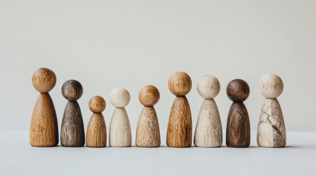 Diverse wooden figures in a row, representing community, family, or teamwork.