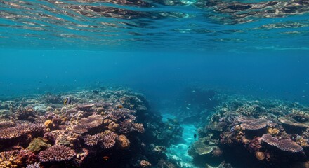 Fototapeta premium Underwater view of coral reef with clear blue water above.