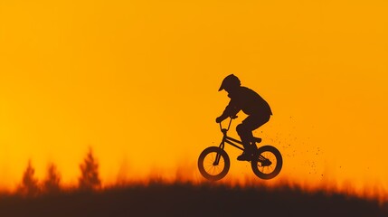 Silhouette of BMX Rider at Sunset, BMX biker silhouette against vibrant sunset.