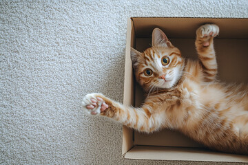 Adorable ginger cat relaxing in a box.