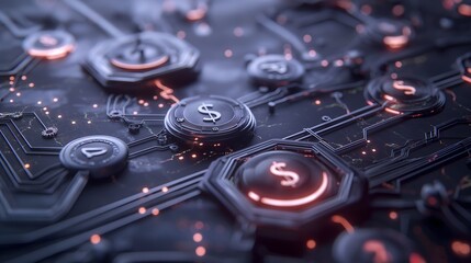 A digital finance hub concept with AR visualizations of real-time global transactions, glowing network lines linking continents, floating currency icons and financial dashboards