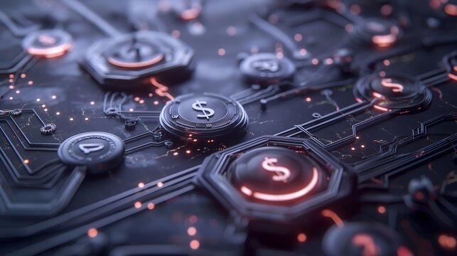 A digital finance hub concept with AR visualizations of real-time global transactions, glowing network lines linking continents, floating currency icons and financial dashboards - Powered by Adobe