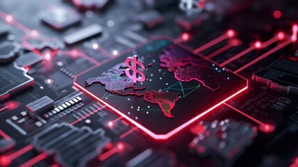 A futuristic augmented reality display of global financial transactions, floating holographic currency symbols, real-time graphs, and data charts hovering above a digital world map