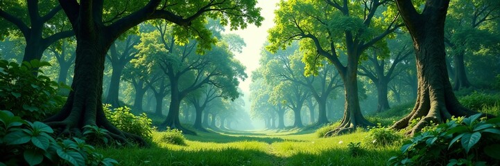 Fototapeta premium A serene forest scene with lush green trees and sunlight filtering through the leaves.