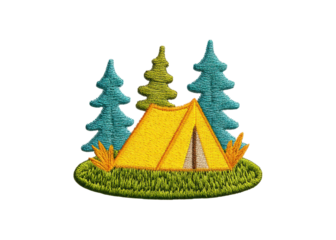 Embroidery design of a tent and trees on a transparent background. Concept of camping, nature, and outdoor activities.